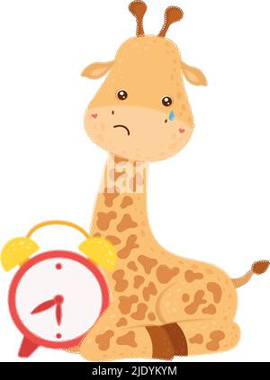 Cute clipart Giraffe Illustrazione in stile Cartoon. Cartoon clip Art Sad Giraffe con sveglia. Illustrazione vettoriale di un animale della scuola per Illustrazione Vettoriale