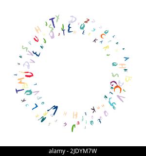 Simboli vettoriali alfabetici a colori. Modello rotondo di carattere calligraphy di pennello disegnato a mano su bianco. Alfabeto grana pennello texture. Moderno tratto di penna testurizzata. Illustrazione Vettoriale