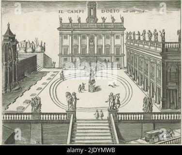 Campidoglio a Roma, il Campidoglio nell ano 1618 (titolo in oggetto), veduta del Campidoglio con Piazza del Campidoglio e i palazzi che contengono i Musei Capitolini. Al centro, la statua equestre di Marco Aurelio. La stampa fa parte di un album., tipografo: Giacomo Lauro, (possibilmente), Italia, 1584 - 1637, carta, incisione, altezza 179 mm x larghezza 225 mm Foto Stock