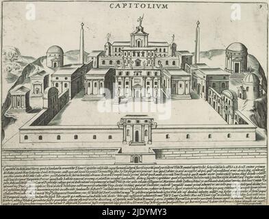 Capitolino a Roma, Capitolium (titolo sull'oggetto), monumenti antichi (titolo della collana), Antichae Urbis splendor (titolo della collana), Vista del Capitolino, collina di Roma. Testo in latino in margine inferiore. Numerato in alto a destra: 9. La stampa fa parte di un album., tipografo: Giacomo Lauro, tipografo: Giacomo Mascardi, tipografo: Italia, tipografo: Roma, in o dopo il 1637, carta, incisione, altezza 178 mm x larghezza 235 mm Foto Stock