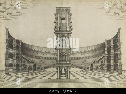 Colosseo a Roma, Speculum Romanae Magnificentiae (titolo della serie), una sezione verticale del Colosseo a Roma, che rivela l'interno. La stampa fa parte di un album., tipografo: anonimo, Italia, c.. 1500 - c. 1599, carta, incisione, incisione, incisione, altezza 415 mm x larghezza 575 mm Foto Stock