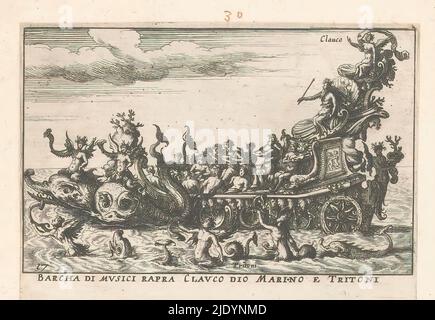 Nave con musicisti e Glaucus, Barcha di musici rapra Clauco dio Marino e Tritoni (titolo sull'oggetto), Argonauti navi per la battaglia sull'Arno durante la festa nuziale di Cosimo II de' Medici a Firenze nel 1608 (titolo della serie), Le Magnifique Carousel fait sur le fleuve de l'Arne à Florence pour le Mariage du Grand Duc (titolo della serie), una nave con delfini per un arco, sulla nave sono musicisti e a poppa è Glaucus. In acqua, mermen musicista., tipografo: anonimo, dopo stampa da: Remigio Cantagallina, dopo disegno da: Giulio Parigi, Parigi, 1624 - 1631, carta, incisione, altezza 92 mm x l Foto Stock