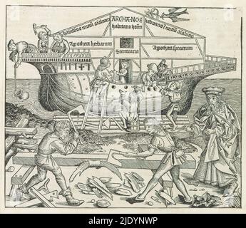 Costruzione dell'Arca di Noè, Liber Chronicarum (titolo della serie), Noè dà istruzioni sulla costruzione dell'Arca. Due uomini fanno le tavole per l'Arca. Dietro di esso, l'Arca è buono come finito. Sopra l'arca una colomba con un ramo di ulivo. La stampa fa parte di un album., stampatore: Michel Wolgemut, (laboratorio di), stampatore: Wilhelm Pleydenwurff, (laboratorio di), Neurenberg, 1493, carta, stampa su carta intestata, altezza 190 mm x larghezza 223 mm Foto Stock