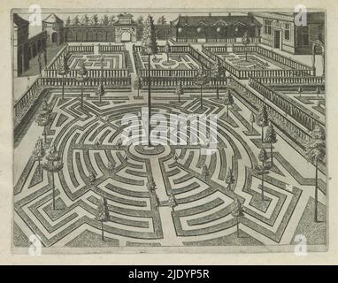 Giardino con ampio parterre circolare e quattro aiuole più piccole, Giardini (serie di 8 pagine) (titolo della serie), Giardino con parterre circolari circondato da una balaustra. Adiacenti sono quattro aiuole balustrate. La stampa fa parte di un album., tipografia: anonymous, tipografia: Michael Birbaum, dopo la stampa di: Hans Vredreman de Vries, Colonia, 1615, carta, incisione, altezza 188 mm x larghezza 243 mm Foto Stock