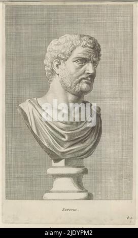 Busto di Severo, Severus (titolo sull'oggetto), busto classico di uomo barbuto, si voltò a destra. La stampa fa parte di un album contenente una serie di stampe dopo sculture nella collezione di Gerard Reynst., tipografia: Hubert Quellinus, tipografia: Gerard de Lairesse, (rejected attribuzione), Anversa, 1646 - 1670, carta, incisione, altezza 328 mm x larghezza 194 mm Foto Stock