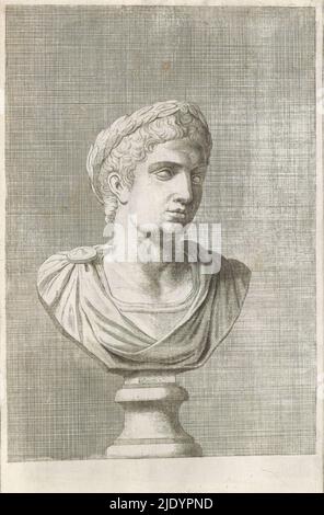 Busto di un giovane con corona di alloro, a destra, la stampa fa parte di un album contenente una serie di stampe dopo sculture nella collezione di Gerard Reynst., tipografia: Hubert Quellinus, tipografia: Gerard de Lairesse, (rejected attribuzione), Anversa, 1646 - 1670, carta, incisione, altezza 330 mm x larghezza 198 mm Foto Stock