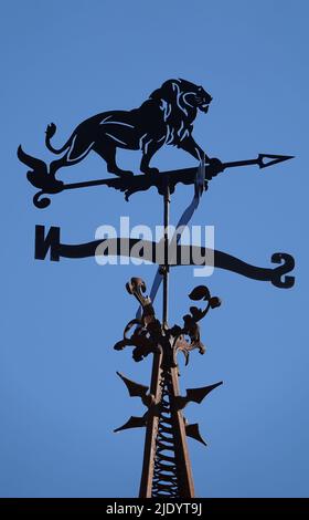 Kiev, Ucraina 26 ottobre 2021: Weather Vane 'Lion' sulla guglia dello studio cinematografico 'Victoria film' Ucraina Foto Stock