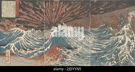 Ritorno delle navi pirata mongolo, Moko zokusen taiji no zu (titolo sull'oggetto), esplosione delle Fiery di una nave su un mare selvaggio. Nelle onde, annegamenti e naufragi brucianti. Nell'aria, tra le fiamme dell'esplosione, corpi e arti sciolti., stampatore: Kawanabe Kyôsai, (menzionato sull'oggetto), Giappone, 1863, carta, legno a colori, altezza 373 mm x larghezza 768 mm Foto Stock