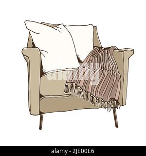 Poltrona con plaid a righe, illustrazione vettoriale isolata su sfondo bianco Illustrazione Vettoriale