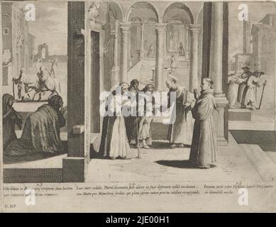 Tre episodi dalla vita di San Bernardino di Siena, la vita di San Bernardino di Siena (titolo della serie), San Bernardino di Siena cura un ragazzo che ha dolore al volto (episodio 22). Sulla sinistra si prega a San Bernardino di Siena (episodio 23). Sullo sfondo a destra Bernardin guarisce una donna malata (episodio 24)., tipografo: Bernardino Capitelli, dopo disegno di: Rutilio di Lorenzo Manetti, (menzionato sull'oggetto), Italia, 1635, carta, incisione, altezza 210 mm x larghezza 273 mm Foto Stock