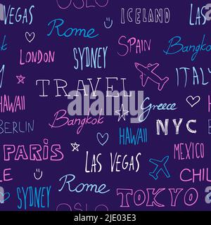 World città background. Destinazione di viaggio nomi città tracciato vettoriale senza giunture. Texture cool da viaggio. Illustrazione Vettoriale
