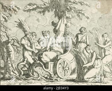 Ceri e ninfe con orecchie di mais, scene storiche e mitologiche (titolo della serie), ceri in un carro marino disegnato da due serpenti alati, circondati da ninfe del campo che raccoglie mazzi di spighe di mais., tipografo: Philippe Louis Parizeau, (menzionato in oggetto), dopo disegno proprio da: Louis Félix de la Rue, (citato in oggetto), Francia, 1770, carta, incisione, altezza 131 mm x larghezza 165 mm Foto Stock