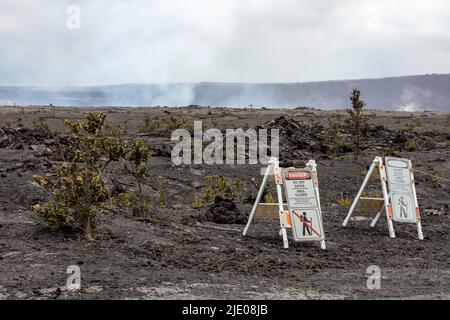 Cratere di Halema'uma'u, eruzione attiva con lago di lava sul retro, Kilauea, Hawai'i Volcanoes National Park, Big Island, USA Foto Stock