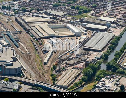 Una vista aerea dei lavori ferroviari e della stazione della città di Doncaster, South Yorkshire, Northern England, UK Foto Stock