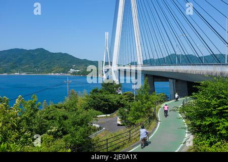 Ciclisti che percorrono la pista ciclabile Shimanami Kaido tra Onomichi e Imabari in Giappone. L'immagine mostra il Ponte Tatara, che fa parte del corso. Foto Stock