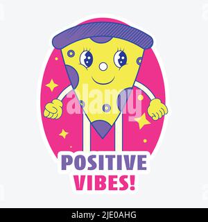 Stile adesivo Vibes positivi! Font con cartoon Pizza Slice su sfondo rosa e grigio. Illustrazione Vettoriale