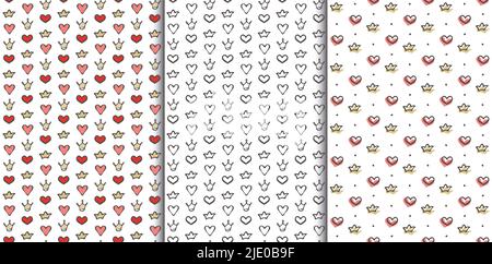 Cuore, corona senza giunture pattern, set di 3. Design grafico a forma di doodle disegnato a mano. Griglia geometrica verticale diagonale. Colore rosa tenue, oro per bambini Illustrazione Vettoriale