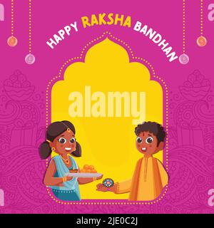 Happy Raksha Bandhan biglietto d'auguri con i bambini indiani che celebra il Festival di Rakhi su sfondo giallo e rosa paisley. Illustrazione Vettoriale