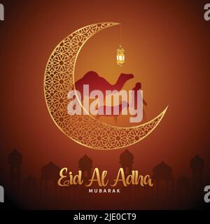 Happy Eid al Adha Mubarak la celebrazione del festival della comunità musulmana background design con capra, cammello, mezzaluna, e lanterne.Vector Illustrazione d Illustrazione Vettoriale