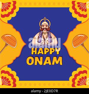 Felice Onam Celebration sfondo con allegro re Mahabali fare Namaste. Illustrazione Vettoriale