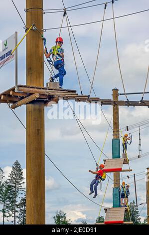 Parco di arrampicata, Centro Parcs, Parco vicino Leutkirch, Allgaeu, Baden-Wuerttemberg, Germania Foto Stock