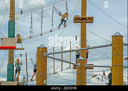 Parco di arrampicata, Centro Parcs, Parco vicino Leutkirch, Allgaeu, Baden-Wuerttemberg, Germania Foto Stock