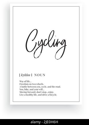 Ciclismo, vettore. Design minimalista e moderno. Descrizione del nome. Wording Design isolato su sfondo bianco, lettere. Arte da parete Illustrazione Vettoriale