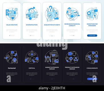 Modalità notte e giorno Mergers Motives onboarding schermo app mobile Illustrazione Vettoriale