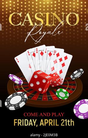 Casino poker club avviso evento invito realista sfondo festivo poster con carte dadi chip Golden font illustrazione vettoriale Illustrazione Vettoriale