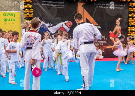 TAE kwon Do e dimostrazione di ginnastica ritmica durante un festival Foto Stock