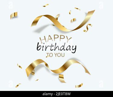 Vector Happy compleanno su sfondo bianco con 3D testi realistici in oro e confetti con glitter. Illustrazione Vettoriale