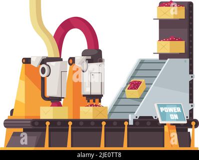 Illustrazione del vettore piatto del trasportatore per il riempimento automatico di macchinari per impianti Illustrazione Vettoriale