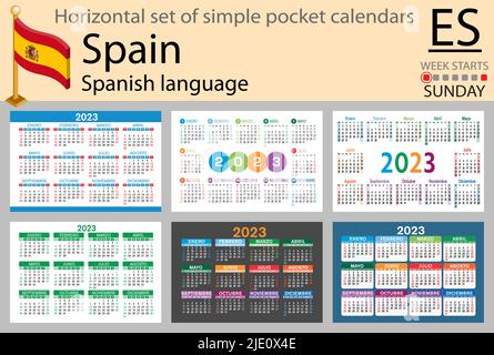 Calendario tascabile orizzontale spagnolo per il 2023 (duemilventitré). La settimana inizia domenica. Anno nuovo. Design semplice a colori. Vettore Illustrazione Vettoriale