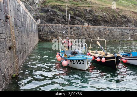 Pescatore che offloading la sua cattura a Mullion Harbour, Cornovaglia Foto Stock