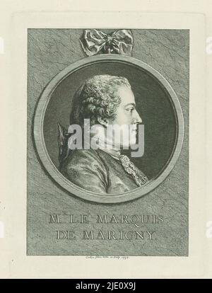 Ritratto di Abel Francesco Poisson, il signor le marquis de Marigny. (Titolo sull'oggetto), tipografo: Charles Nicolas Cochin (II), (menzionato sull'oggetto), dopo disegno proprio di: Charles Nicolas Cochin (II), (menzionato sull'oggetto), Francia, 1757, carta, incisione, incisione, altezza 196 mm x larghezza 144 mm Foto Stock