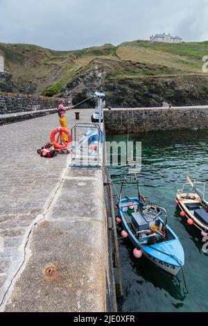 Pescatore che offloading la sua cattura a Mullion Harbour, Cornovaglia Foto Stock