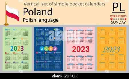 Calendario tascabile verticale polacco per il 2023 (duemilventitré). La settimana inizia domenica. Anno nuovo. Design semplice a colori. Vettore Illustrazione Vettoriale