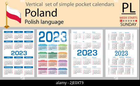 Calendario tascabile verticale polacco per il 2023 (duemilventitré). La settimana inizia domenica. Anno nuovo. Design semplice a colori. Vettore Illustrazione Vettoriale