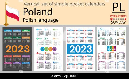 Calendario tascabile verticale polacco per il 2023 (duemilventitré). La settimana inizia domenica. Anno nuovo. Design semplice a colori. Vettore Illustrazione Vettoriale