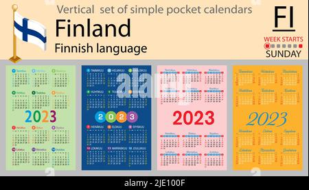 Calendario tascabile verticale finlandese per il 2023 (duemilventitré). La settimana inizia domenica. Anno nuovo. Design semplice a colori. Vettore Illustrazione Vettoriale