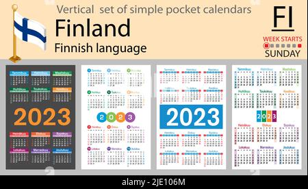 Calendario tascabile verticale finlandese per il 2023 (duemilventitré). La settimana inizia domenica. Anno nuovo. Design semplice a colori. Vettore Illustrazione Vettoriale