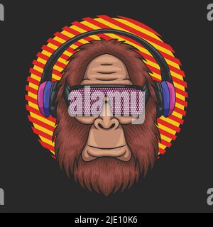 Bigfoot che indossa occhiali techno e illustrazione vettoriale delle cuffie Illustrazione Vettoriale