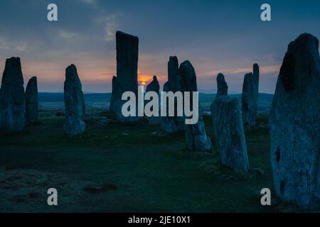Stones di Callanish Callanais all'alba, Isola di Lewis, Ebridi esterne, Scozia Foto Stock