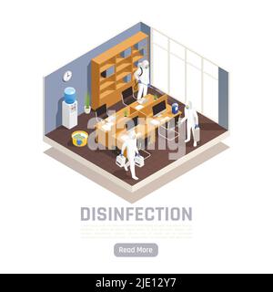 Sanificazione dello sfondo isometrico con testo modificabile pulsante per saperne di più e vista del team di disinfettori in ufficio illustrazione vettoriale Illustrazione Vettoriale