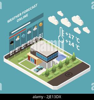 Previsione meteo concetto isometrico con previsione meteo e simboli meteorologici illustrazione vettoriale Illustrazione Vettoriale