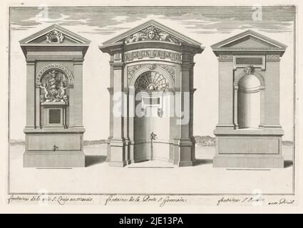 Tre fontane, possibilmente da Parigi, tipografo: Langlois, (attribuito a), c.. 1600 - c. 1750, carta, incisione, incisione, altezza 270 mm x larghezza 365 mm, altezza 203 mm x larghezza 295 mm Foto Stock