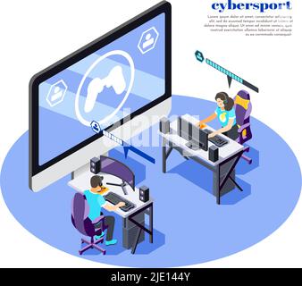 Cybersport composizione isometrica e colorata con gioco online astratto e illustrazione vettoriale di due persone Illustrazione Vettoriale