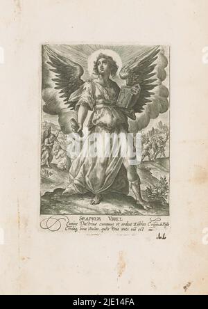 Arcangelo Uriel, Seraphim Uriel (titolo su oggetto), Arcangeli e altri angeli (titolo della serie), Deus Pater ex quo Omnia Angeli (titolo della serie su oggetto), Arcangelo Uriel con libro e fremito o carta arrotolata. A sinistra sullo sfondo, Uriel rimprovera il sacerdote Ezra. Proprio sullo sfondo i due discepoli incontrano Cristo sulla via di Emmaus. Parte di una serie di dodici raffigurazioni di arcangeli e altri angeli in questo album. Parte di un album di raffigurazioni principalmente cristiane., tipografia: Crispijn van de Passe (i), dopo il proprio disegno di: Crispijn van de Passe (i), (m Foto Stock