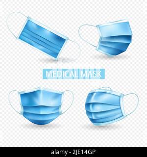 Maschera medica realistica trasparente icona set con forma diversa di maschera blu chiaro illustrazione vettoriale Illustrazione Vettoriale
