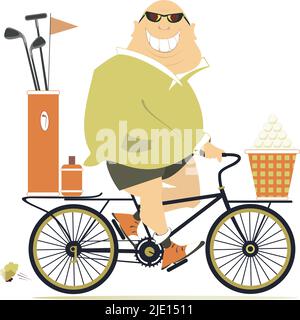 L'uomo cartoon sulla bicicletta va a giocare a golf. Sorridente golfer grasso-testa calva in occhiali da sole sulla bicicletta è sulla strada per il campo da golf isolato Illustrazione Vettoriale